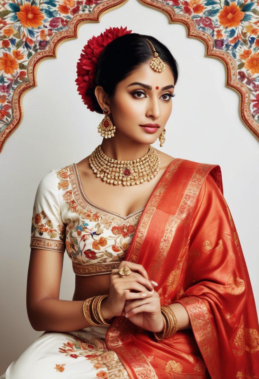 A captivating and thought-provoking scene depicting the fusion of traditional South Asian culture and modern adult content. Include vibrant elements such as a beautiful Indian textile backdrop, sensual poses of diverse illustrated characters in traditional garments, and symbols representing desire like flowers and heart motifs. The colors should be rich and evocative, combining modern and classic aesthetics. A path of cultural elements leading towards a visually impactful climax representing desire. surrealism. vibrant colors. white background.