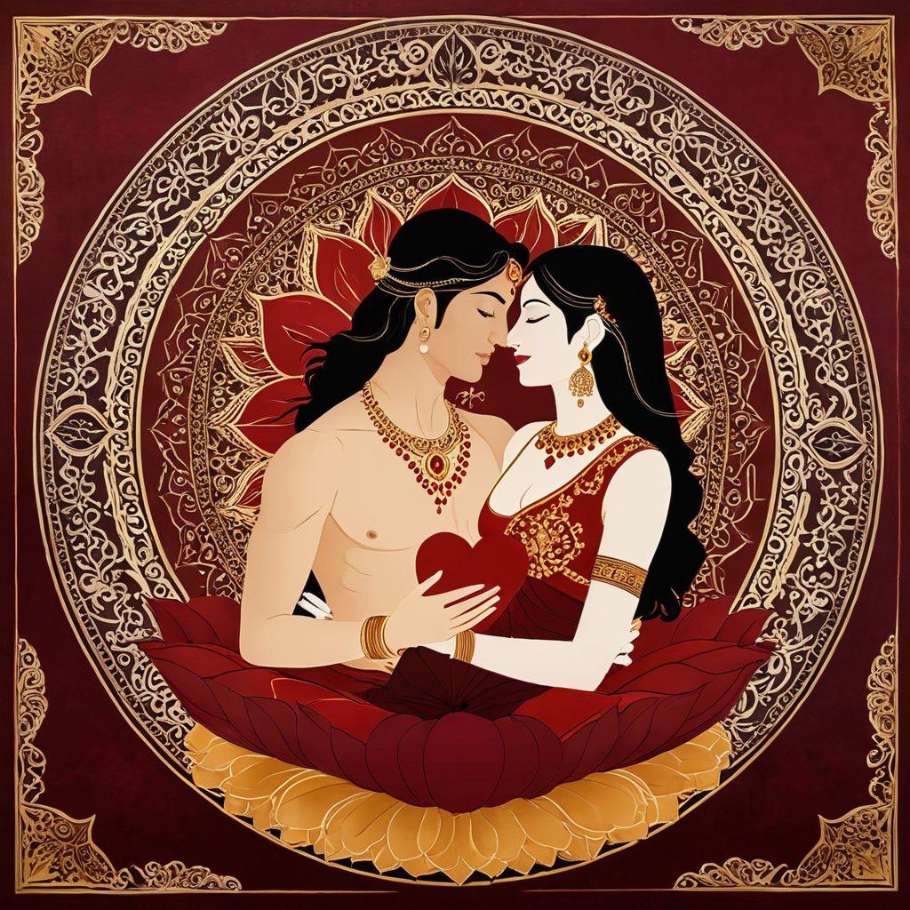 A sensual and artistic representation of traditional Indian motifs intertwined with modern elements of erotic art, showcasing a rich tapestry of colors like deep reds and golds. Include subtle symbols of sexuality and love, like lotus flowers and heart patterns, alongside educational books and resources depicting sex education. The background should be a blend of cultural heritage and contemporary design, evoking a sense of exploration and understanding. vibrant colors. artistic illustration. elegant composition.